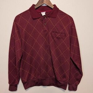 Vintage Casual Joe Polo Shirt Mens XL Burgundy Diamond Grid Long Sleeve 90s